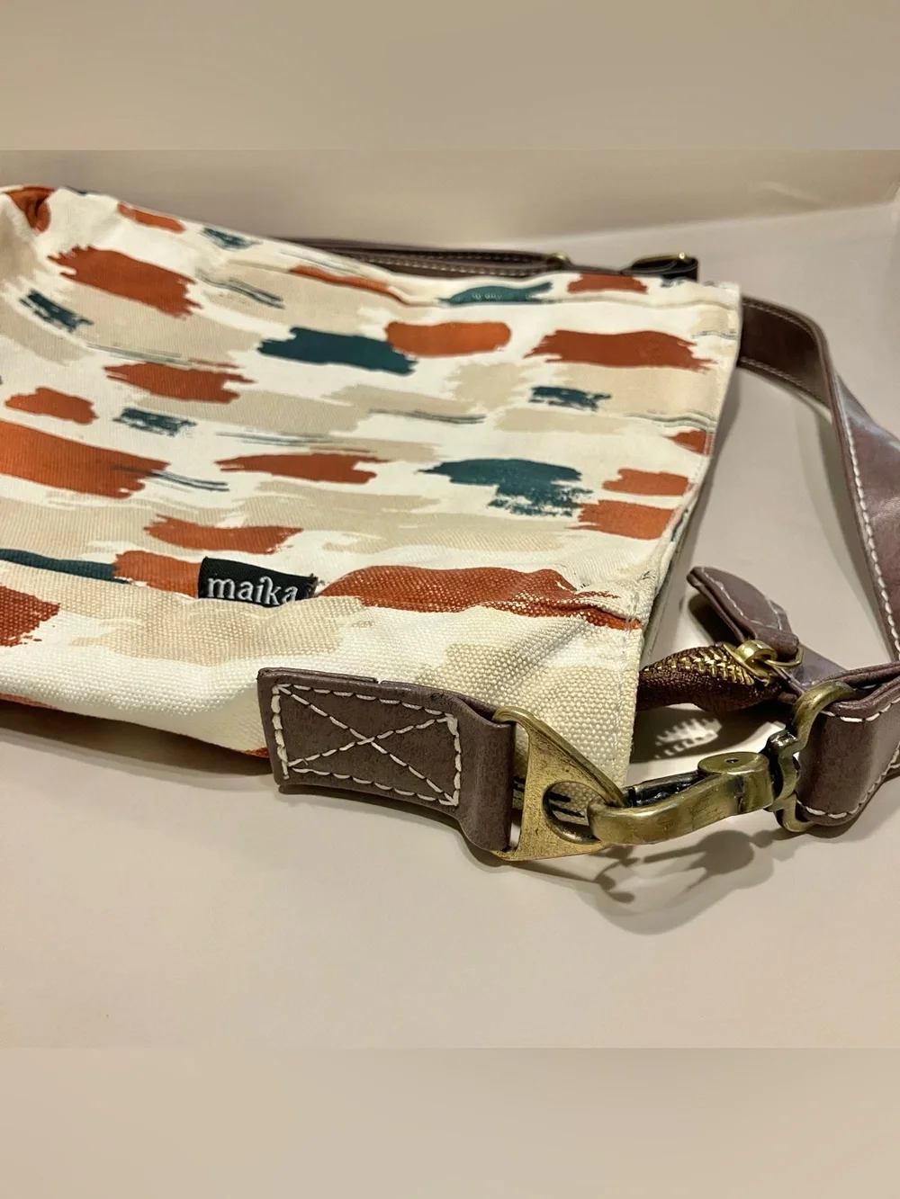 Maika Large Crossbody Purse Boho Bag Abstract Design‎ Vegan Brown Leather Strap